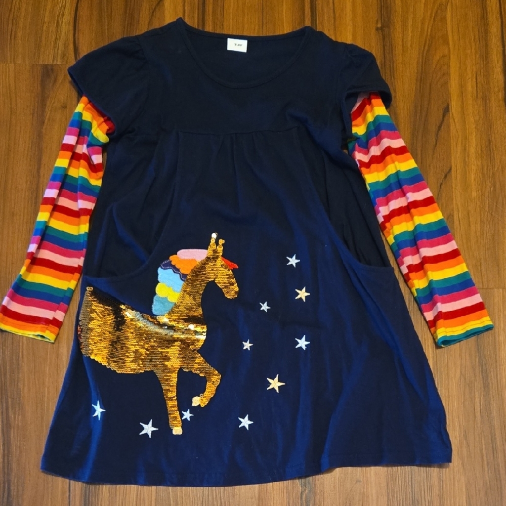 Rainbow Sleeve Dress with Sequin Horse